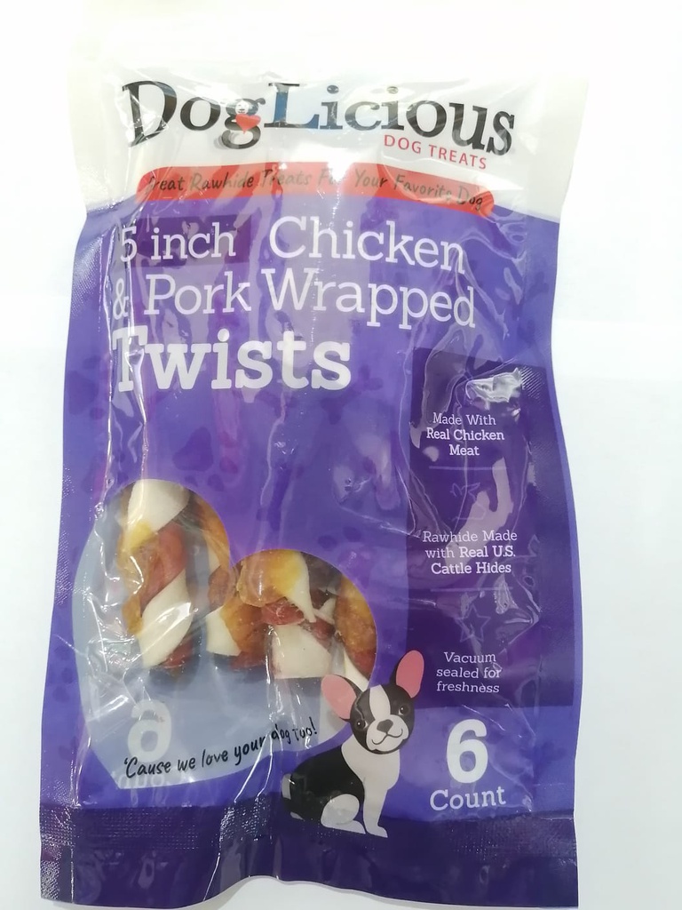 HUESO PERRO PALITO 5&quot; C/ TIRAS DE POLLO Y CERDO 6/1