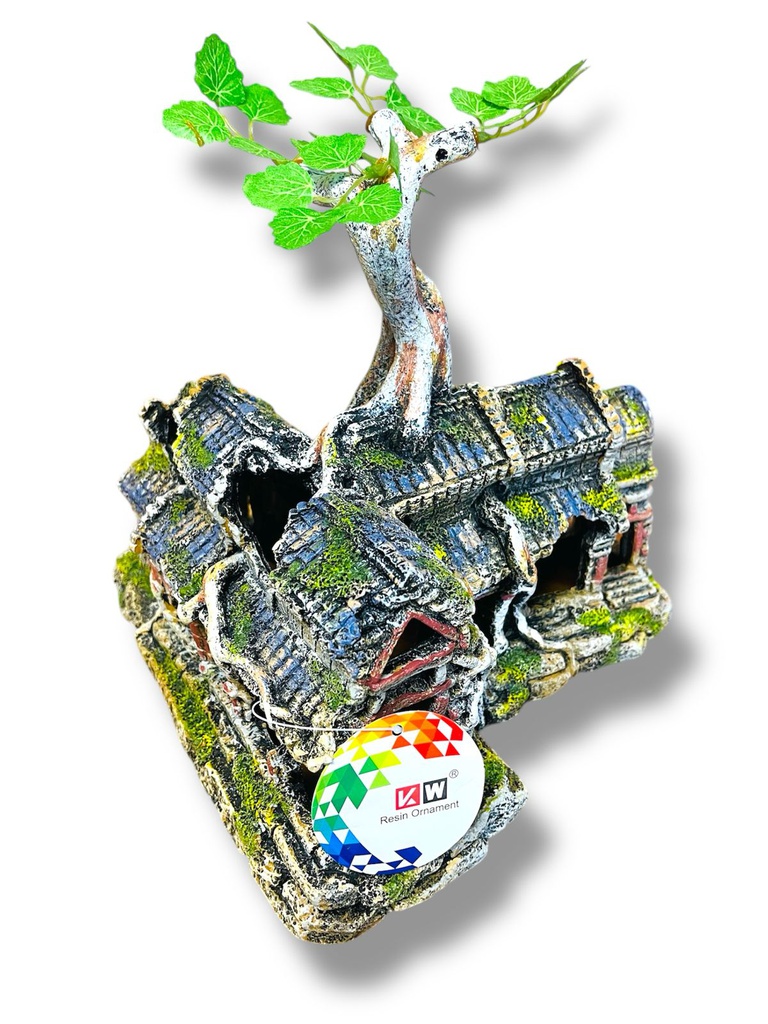 ADORNO ACUARIO RESINA TEMPLO CON ARBOL 9&quot;